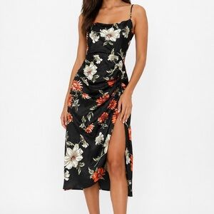 Shein Black Satin Cami Multi Floral Midi Dress size Medium Women